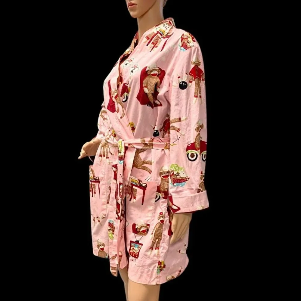 NICK & NORA L / XL Belted Lined Front Pockets Pink Sock Monkey Robe